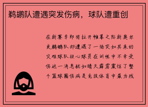 鹈鹕队遭遇突发伤病，球队遭重创
